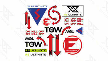 Zestaw naklejek bezpieczeństwa / regulaminowych FIA wyłącznik prądu system gaśniczy ucho holownicze on off